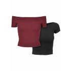 Dámsky top // Urban Classics / Ladies Off Shoulder Rib Tee 2-Pack redwine+black